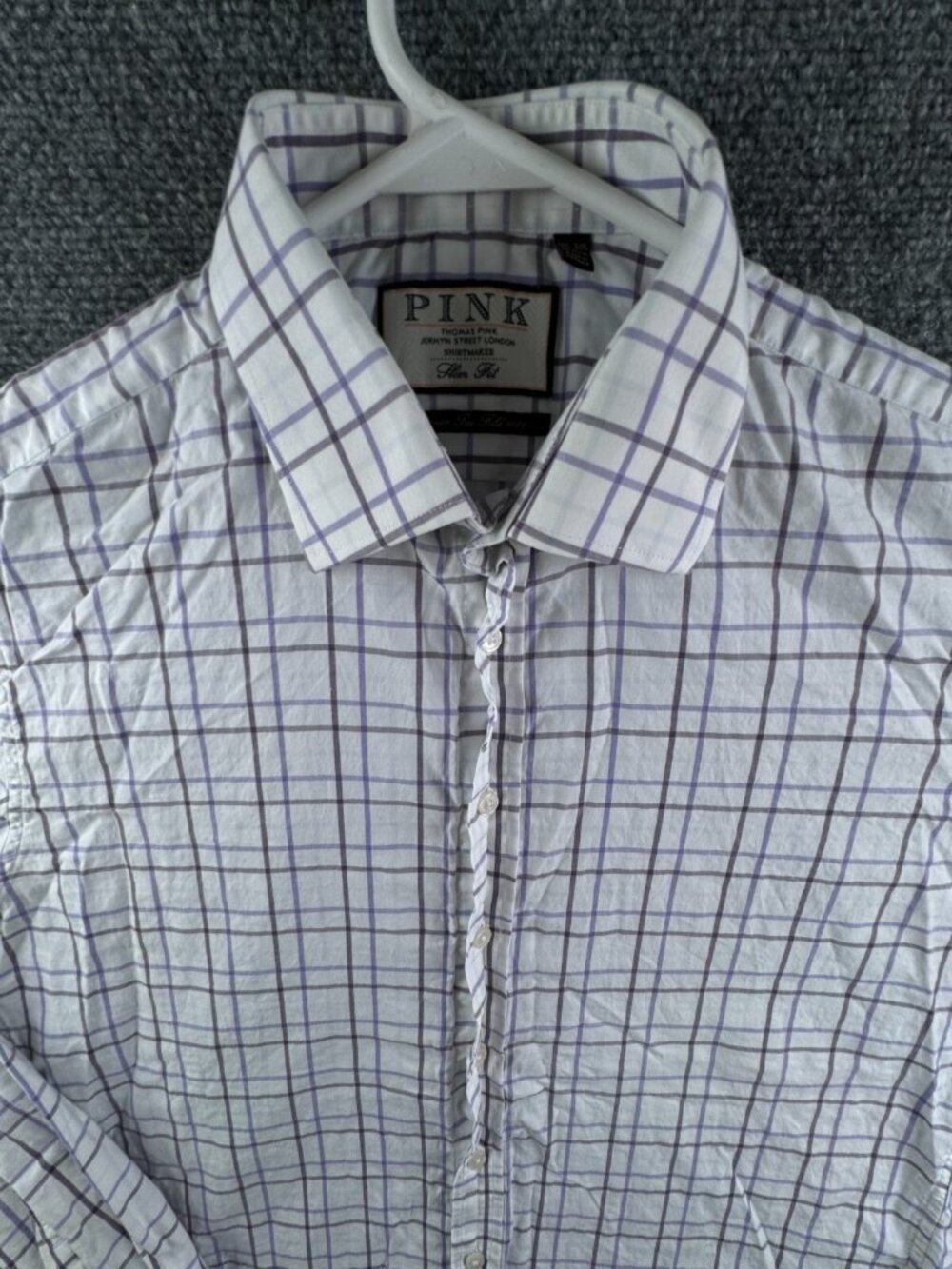 Thomas Pink Long Sleeve Button Up Shirt Men Purple Plaid Slim Fit 16.5 36.5